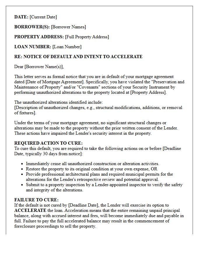 Unauthorized Property Alteration Mortgage Acceleration Letter