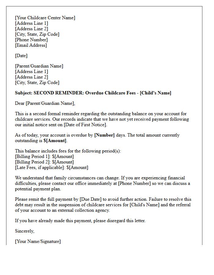 Childcare Services Debt Collection Second Reminder Letter
