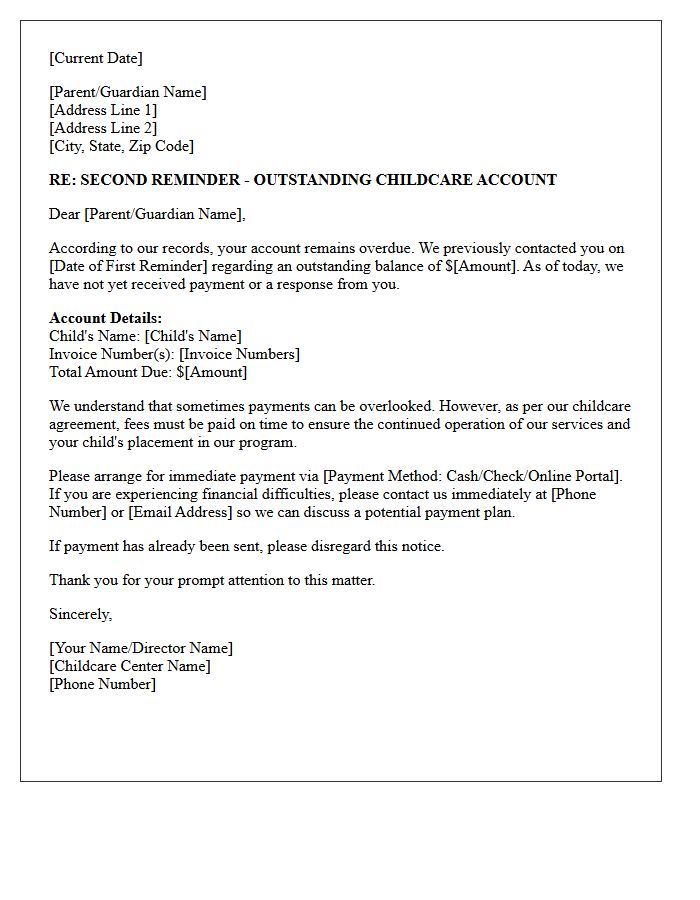 Outstanding Childcare Account Second Reminder Letter