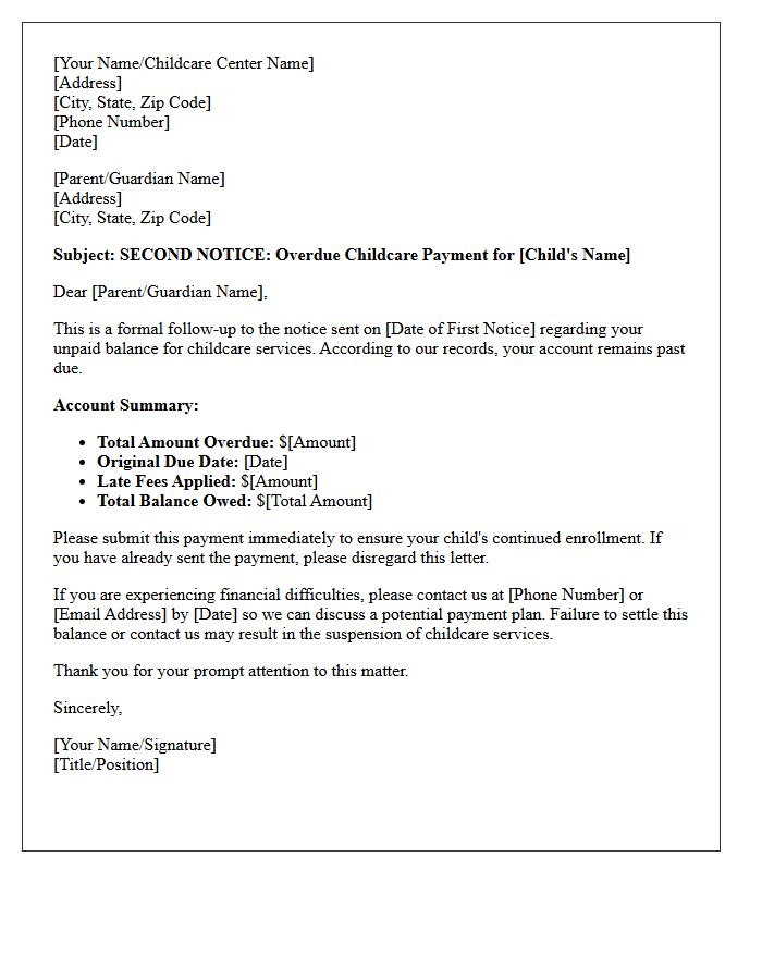 Overdue Childcare Payment Second Request Letter