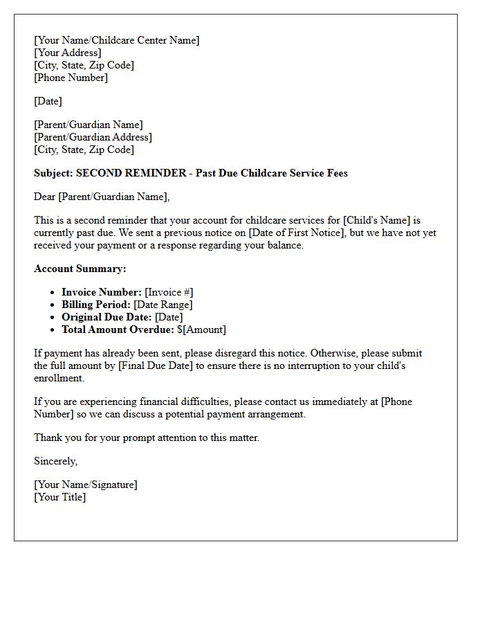 Past Due Childcare Service Fee Second Reminder Letter