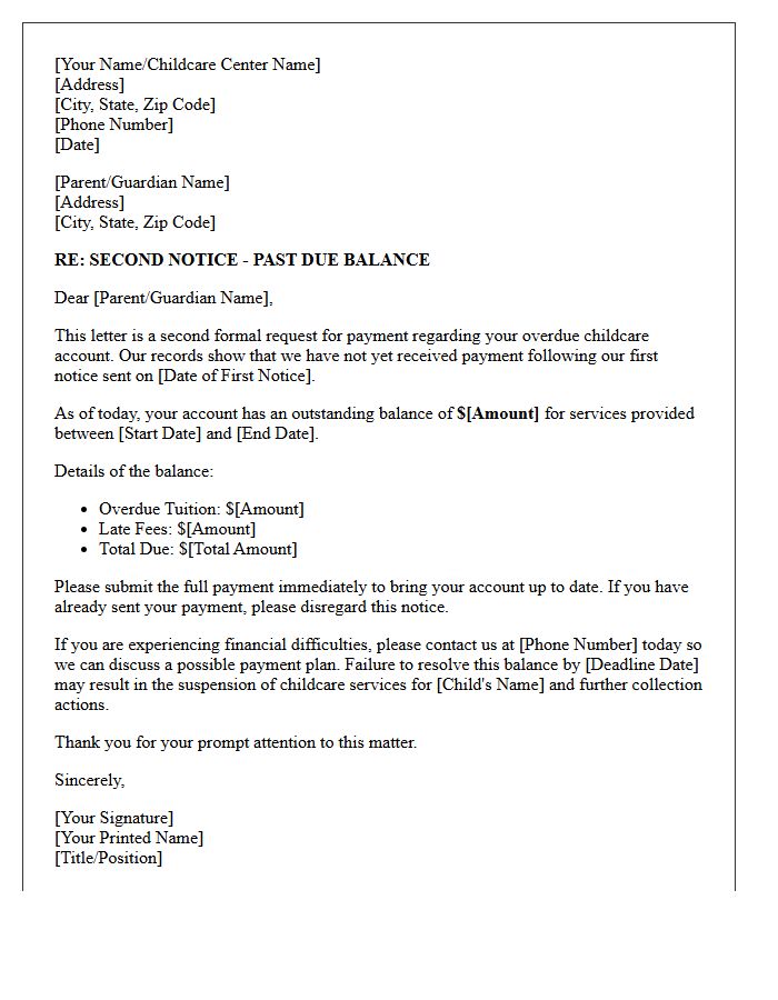 Second Collection Letter for Unpaid Childcare Services