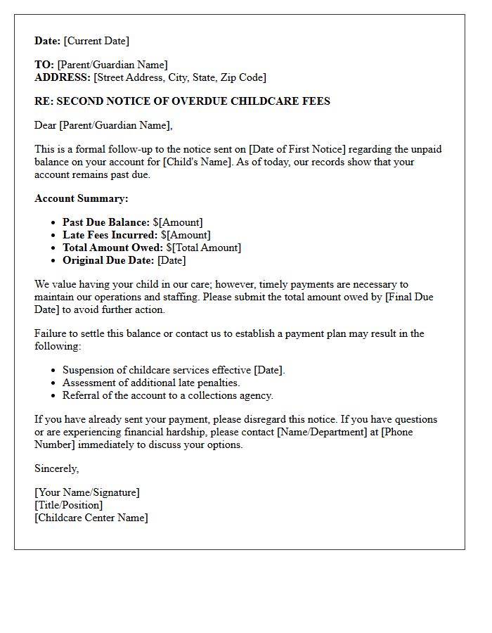 Second Delinquency Letter for Unpaid Childcare Expenses