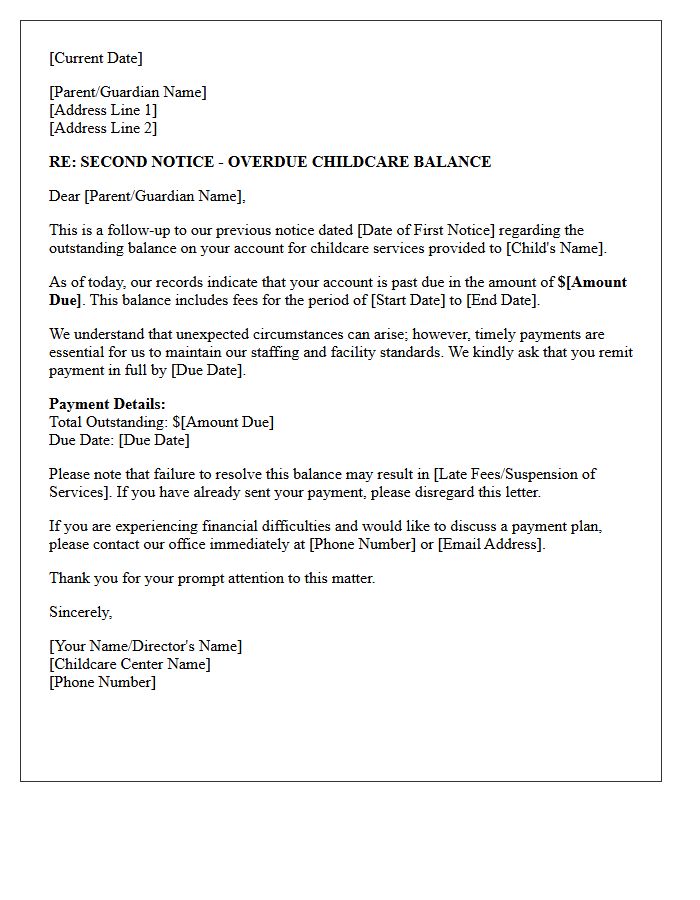 Second Notice Letter for Overdue Childcare Balances