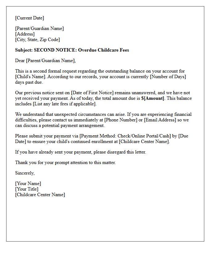 Second Payment Request Letter for Overdue Childcare Fees
