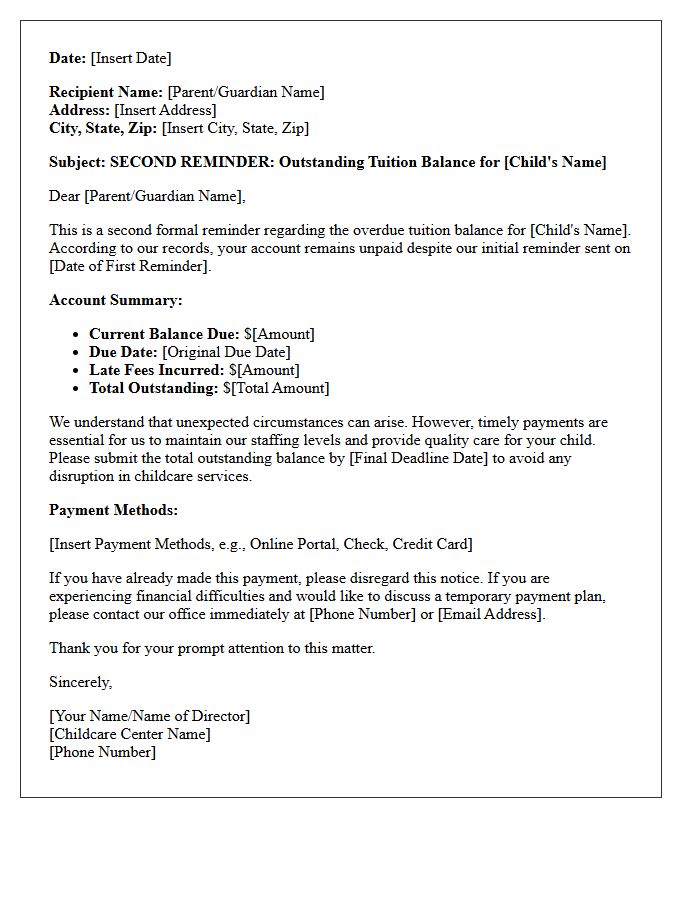 Second Reminder Letter for Outstanding Childcare Tuition