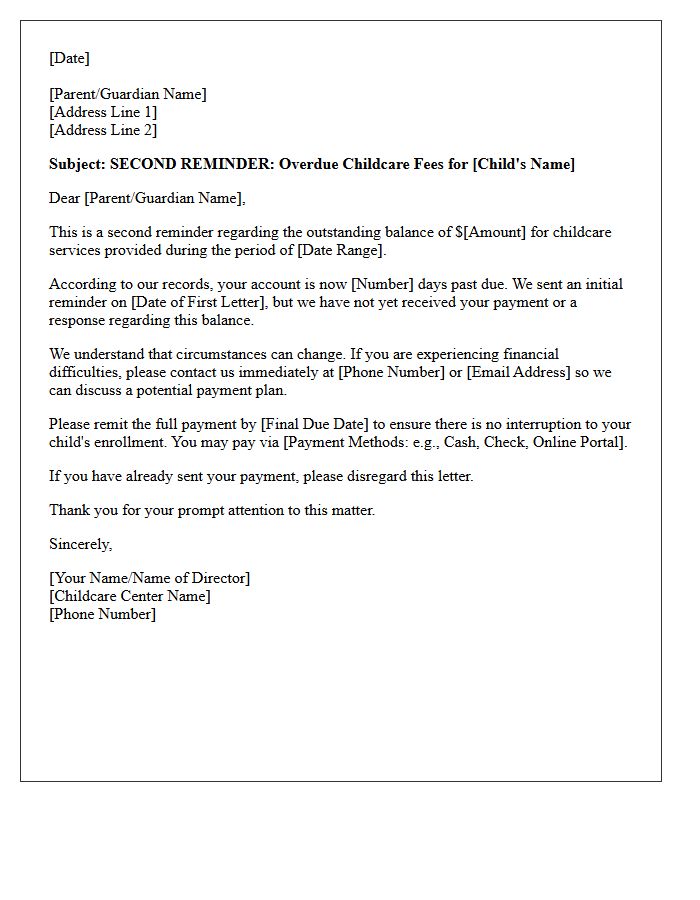 Second Reminder Letter for Overdue Childcare Service Fees