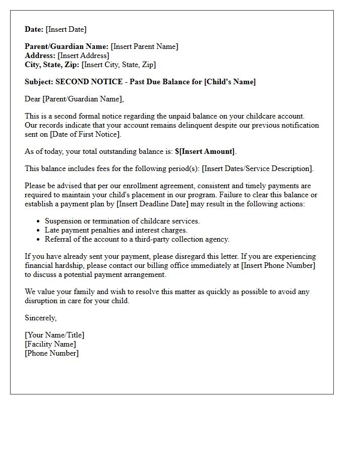 Second Warning Letter for Delinquent Childcare Account Balances