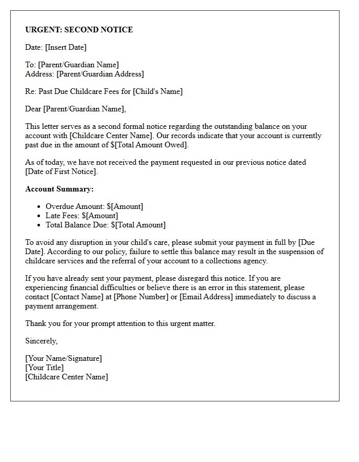 Urgent Second Notice Letter Regarding Past Due Childcare Fees