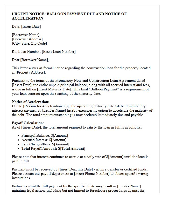 Construction Loan Balloon Payment and Acceleration Letter