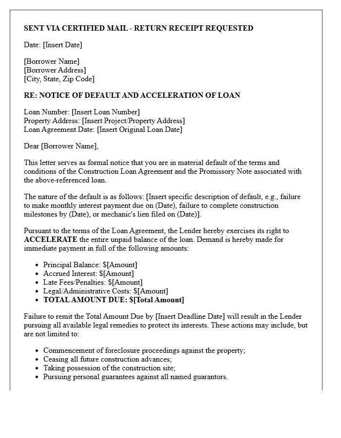 Construction Loan Default and Immediate Acceleration Letter