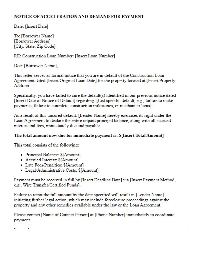 Immediate Acceleration of Construction Loan Balance Letter
