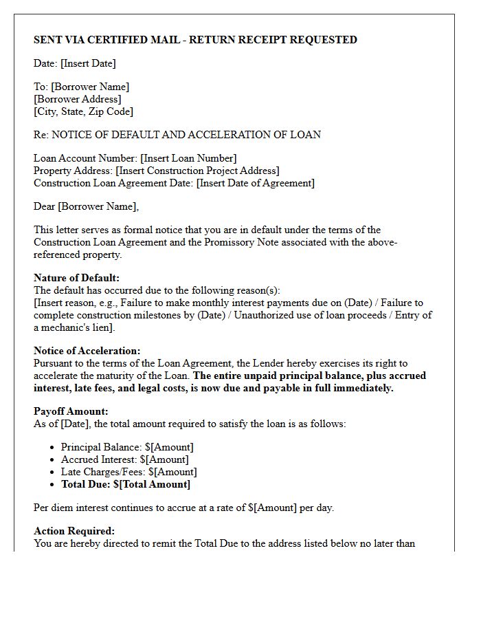 Notice of Default and Construction Loan Acceleration Letter