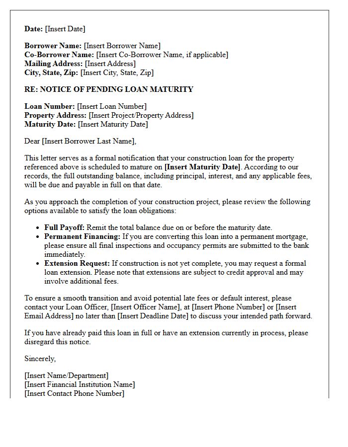 Notice of Pending Construction Loan Maturity Letter
