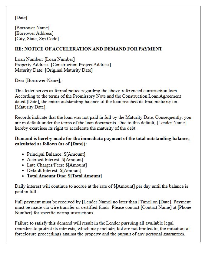 Post-Maturity Construction Loan Acceleration Demand Letter