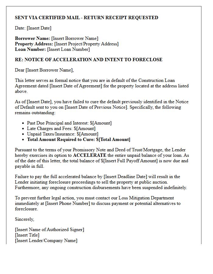 Pre-Foreclosure Construction Loan Acceleration Notice Letter