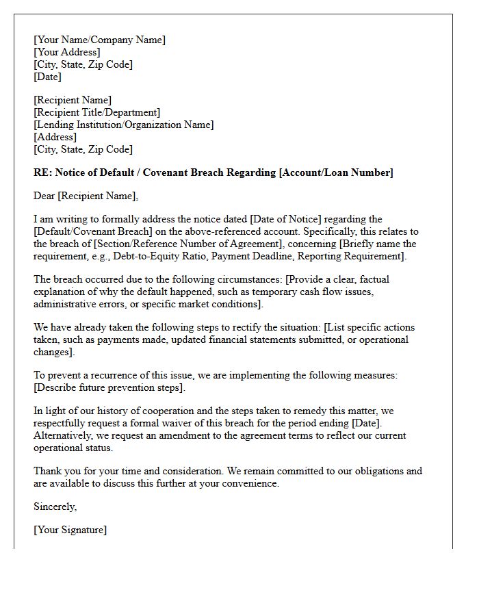 Explanation of Default or Covenant Breach