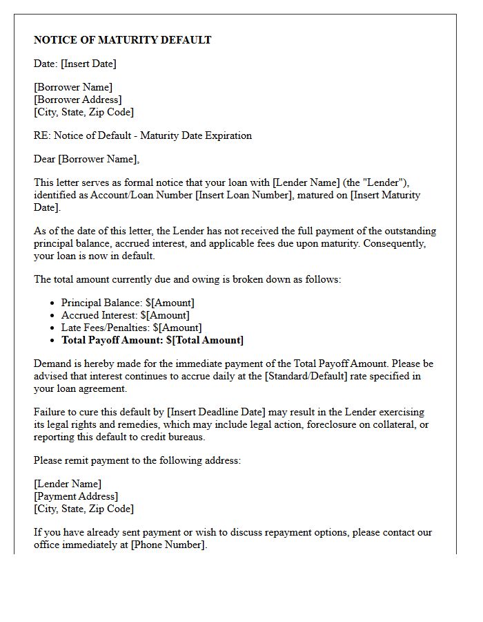Notice of Maturity Default Letter