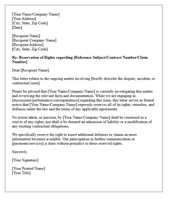 Reservation of Rights Letter