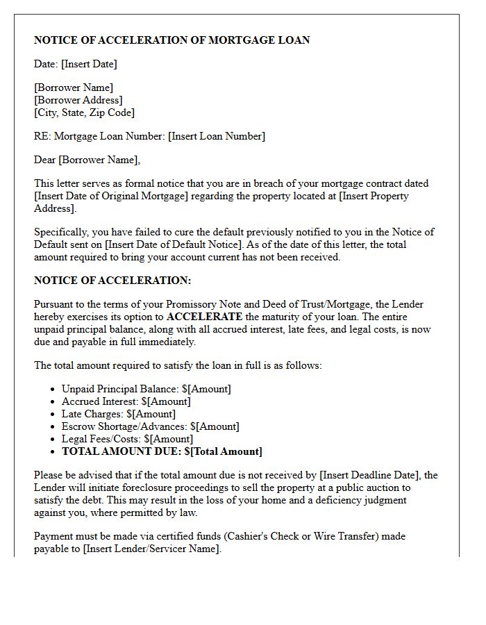 Breach of Mortgage Contract Acceleration Letter