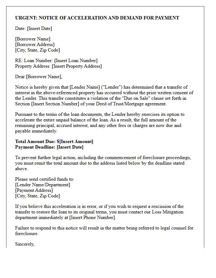 Due on Sale Clause Violation Acceleration Letter