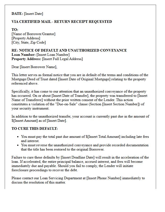 Mortgage Default and Unauthorized Conveyance Letter