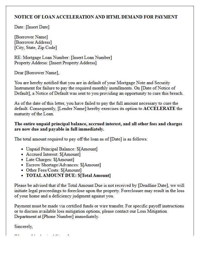 Mortgage Lender Notice of Loan Acceleration Letter