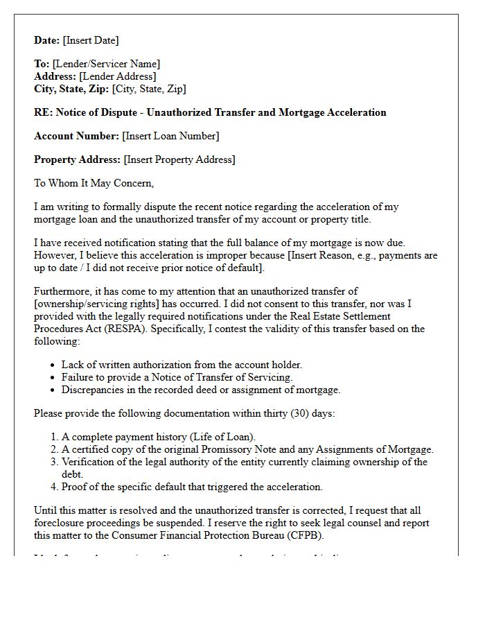 Mortgage Loan Acceleration and Unauthorized Transfer Letter