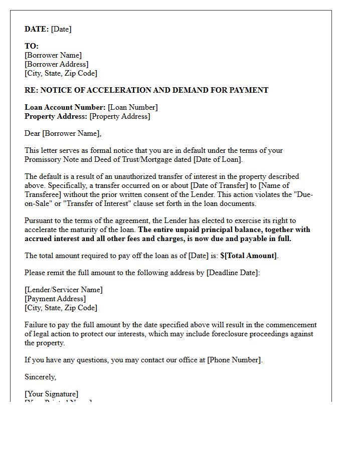 Notice of Acceleration Due to Unauthorized Transfer Letter