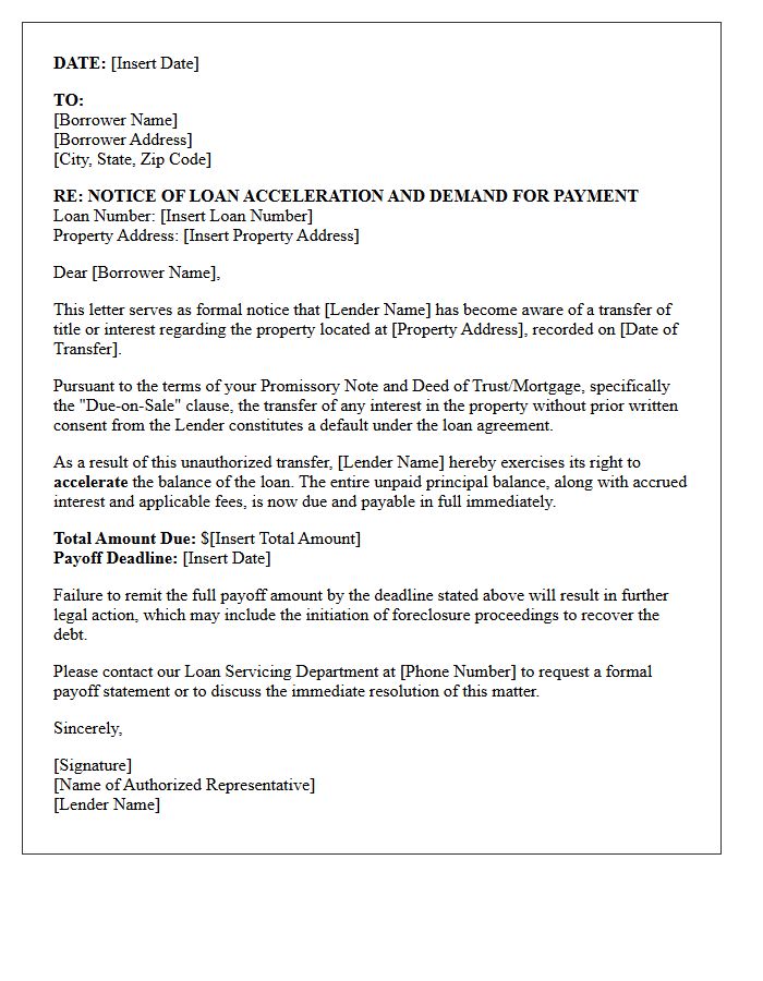 Notice of Loan Acceleration Due to Title Transfer Letter