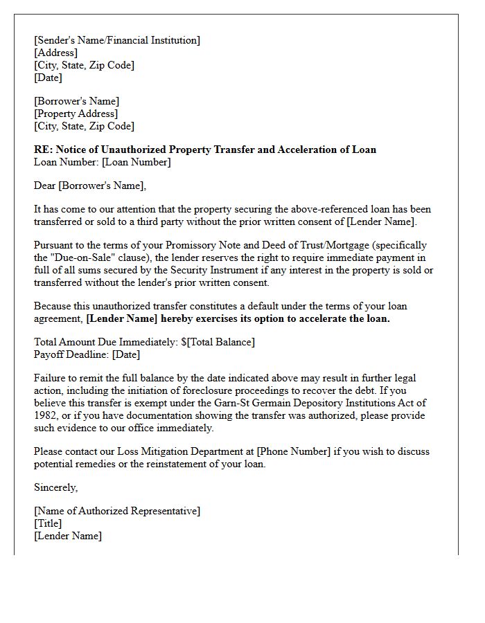 Unauthorized Assumption and Loan Acceleration Letter