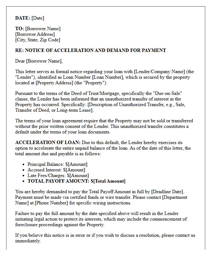 Unauthorized Property Transfer Notice of Acceleration Letter