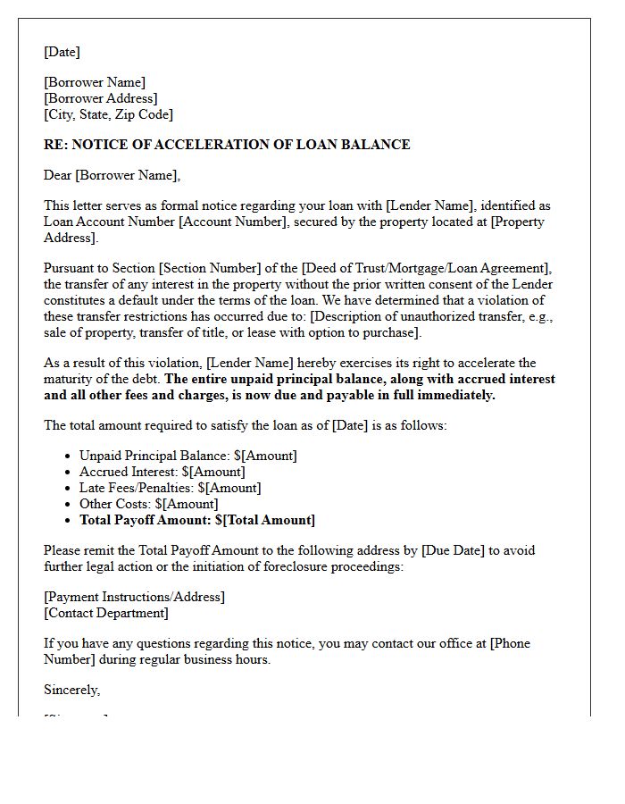 Violation of Transfer Restrictions Acceleration Letter