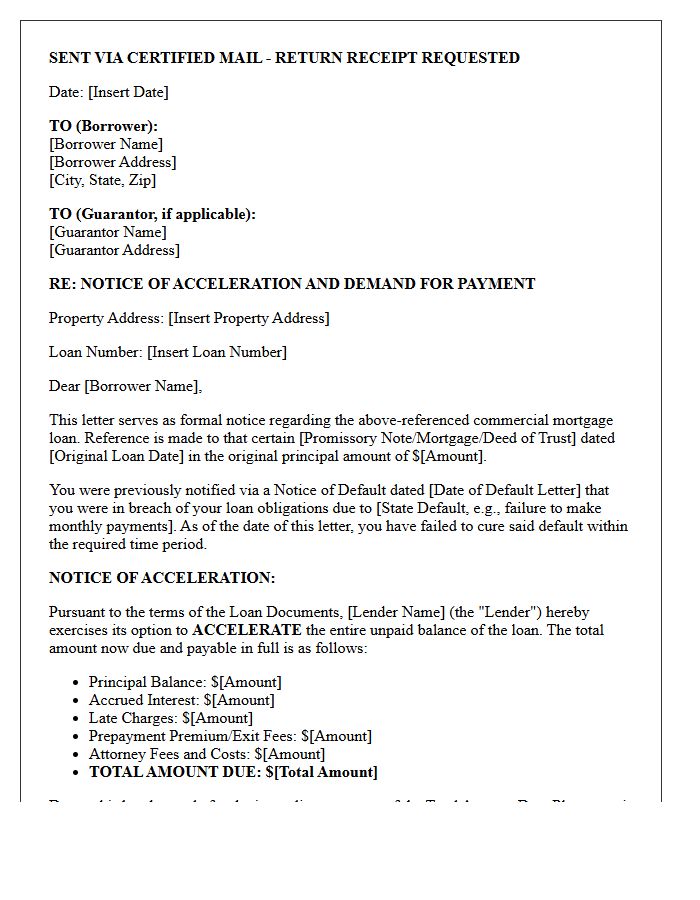 Commercial Mortgage Statutory Notice of Acceleration Letter