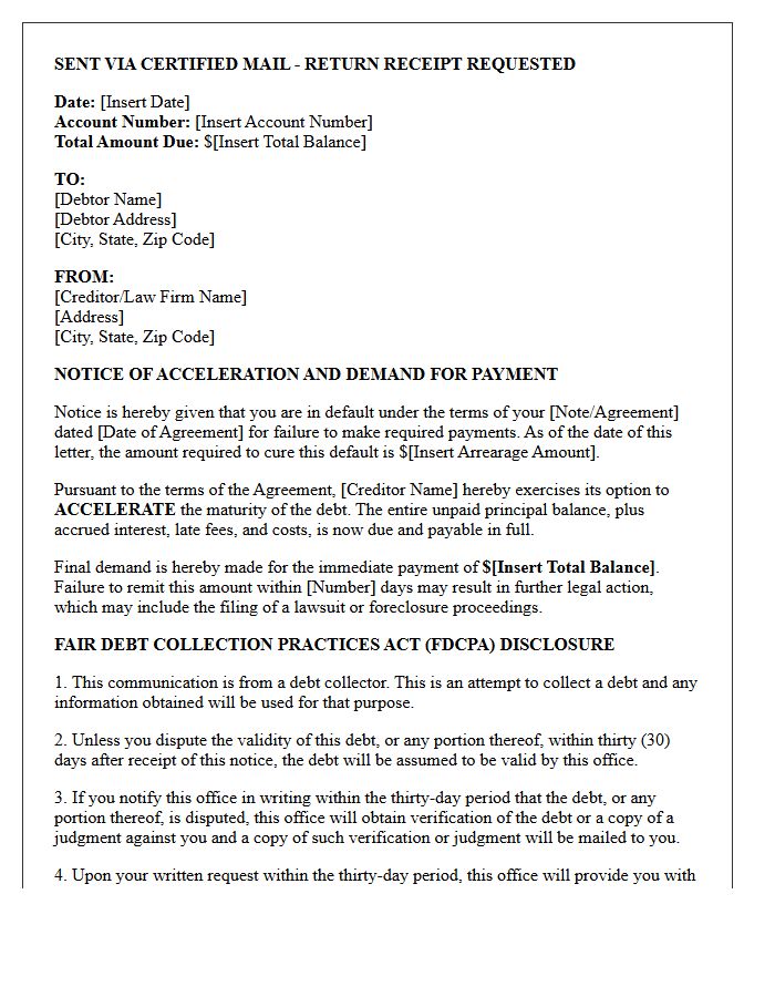 Statutory Notice of Acceleration and Fair Debt Collection Letter