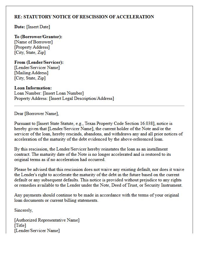 Statutory Notice of Acceleration Rescission Letter