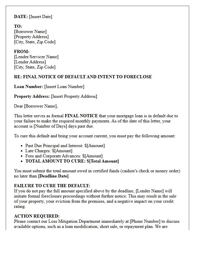 Delinquent Mortgage Final Notice of Default Letter