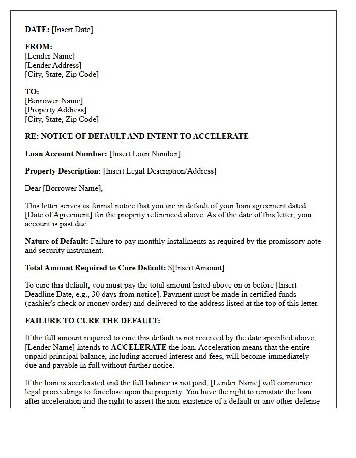 Secured Property Intent to Accelerate Default Letter