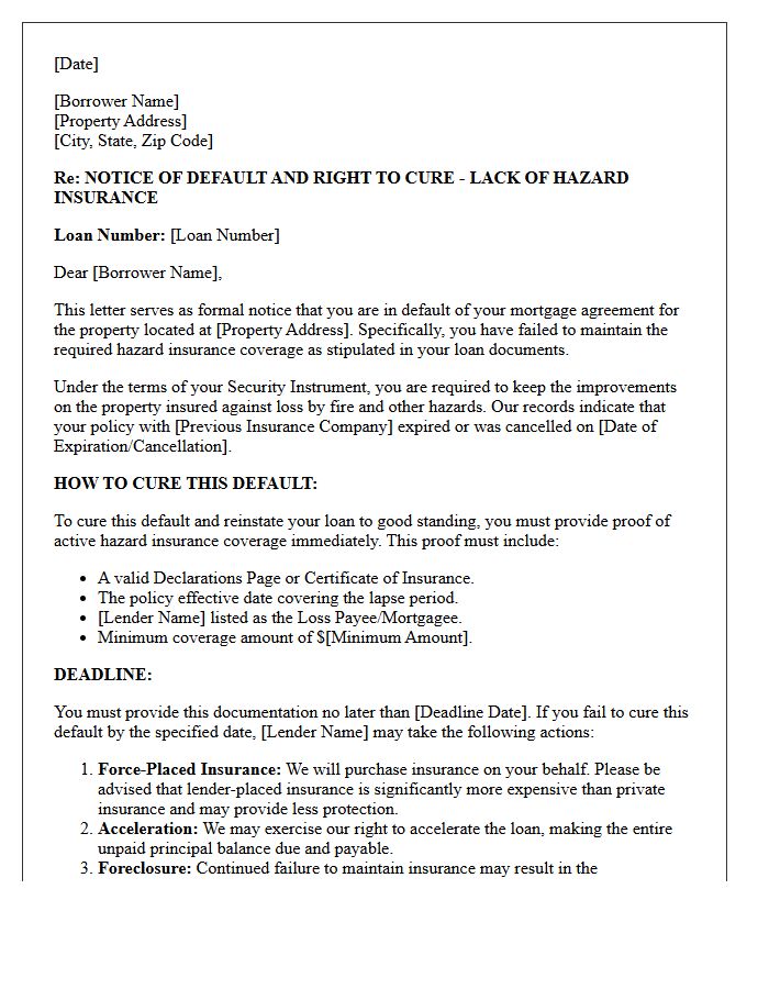 Default Cure and Reinstatement Letter for Hazard Insurance