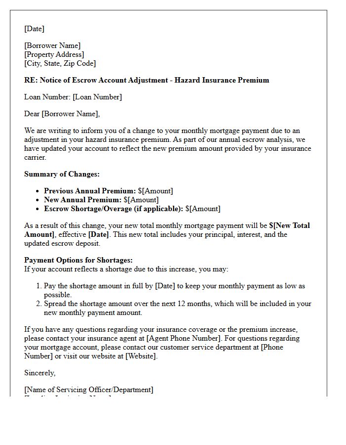 Escrow Account Adjustment Letter for Hazard Insurance Premium