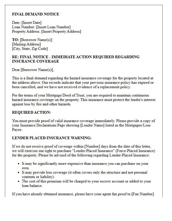 Final Demand Letter for Proof of Hazard Insurance Coverage