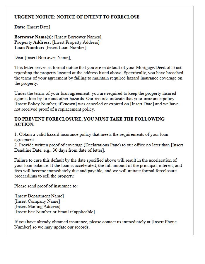 Intent to Foreclose Letter for Hazard Insurance Breach