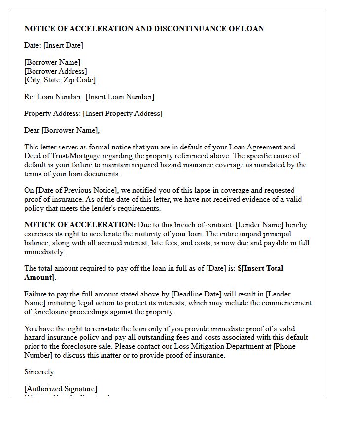 Loan Acceleration Letter Due to Hazard Insurance Default