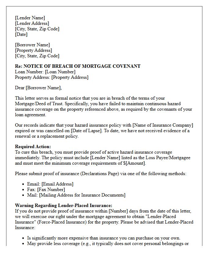 Mortgage Covenant Breach Letter for Lapsed Hazard Insurance