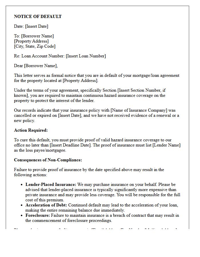 Notice of Default Letter for Failure to Maintain Hazard Insurance