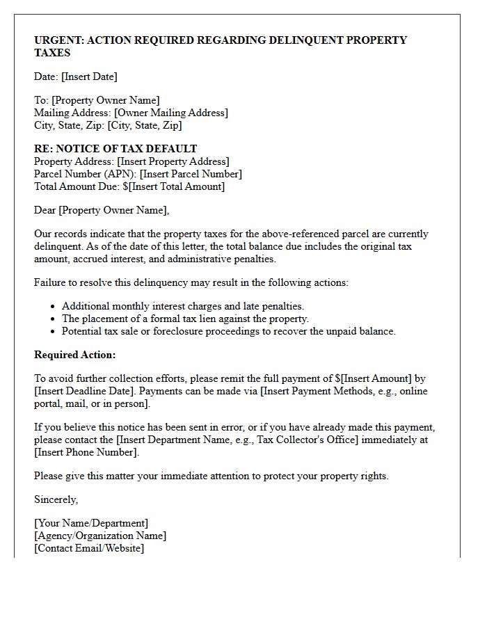 Action Required Letter for Delinquent Property Tax Default