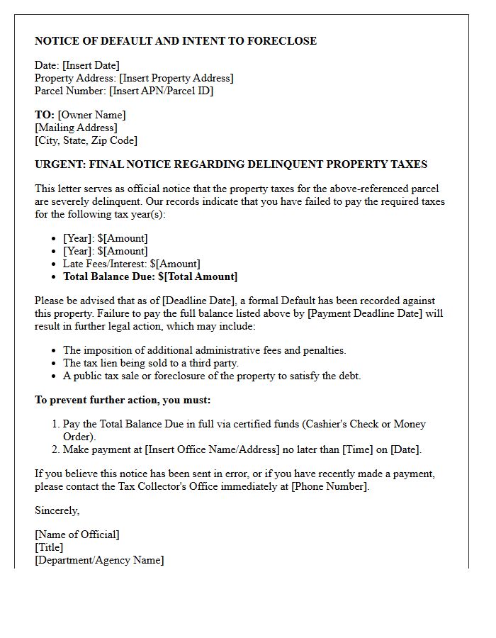 Delinquent Property Tax Notice of Default Letter