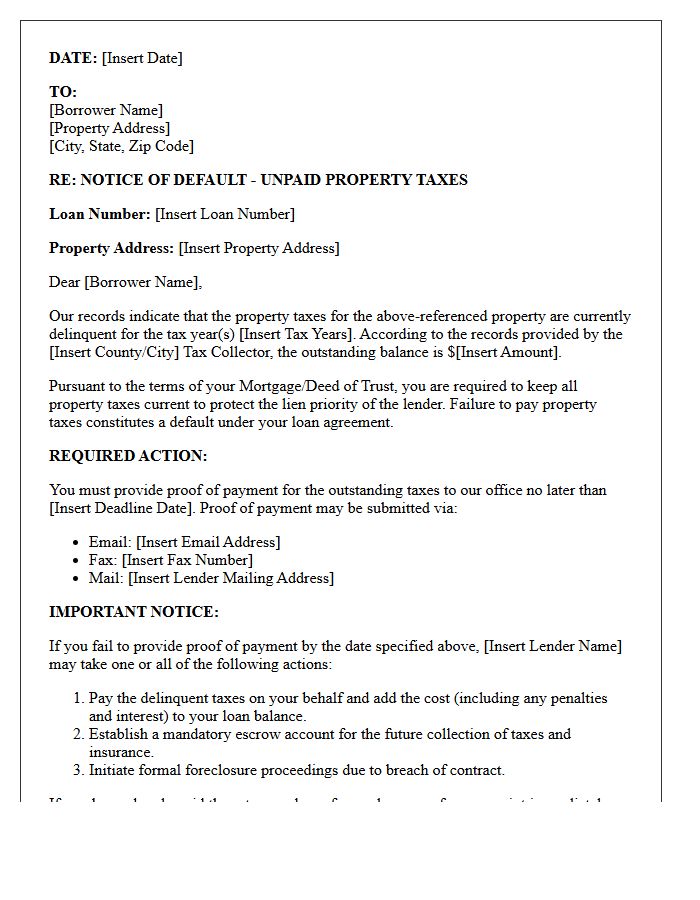 Delinquent Tax Default Notice Letter From Mortgage Lender