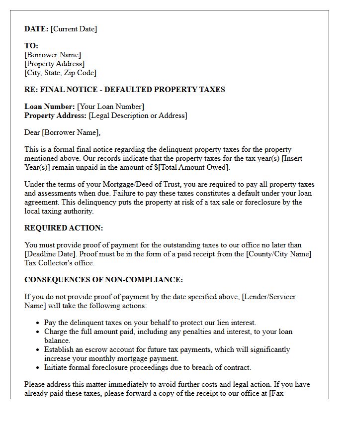 Final Notice Letter for Defaulted Property Taxes on Mortgaged Property
