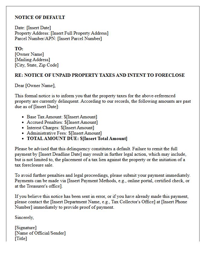 Letter of Default Notice for Unpaid Property Taxes